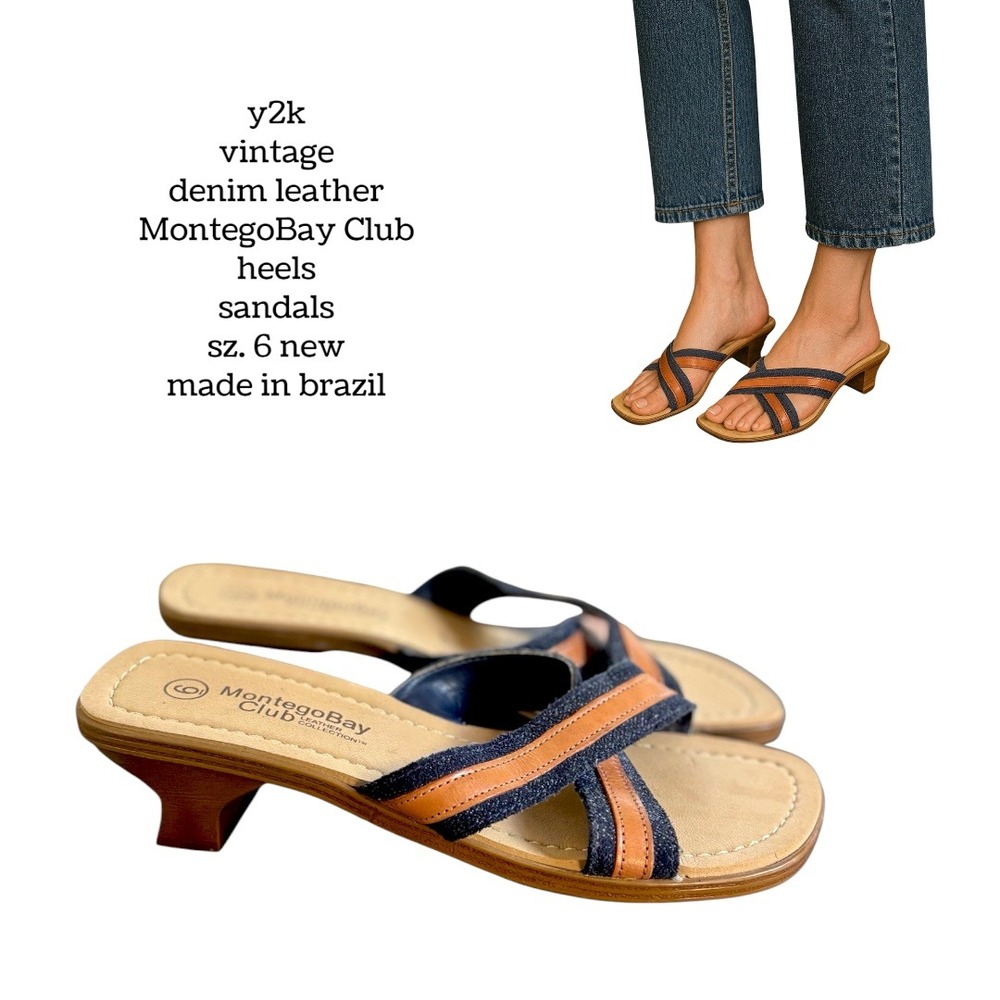 Y2K Montego Bay Club Denim Leather Heels Sandals Size 6 New Brazil
